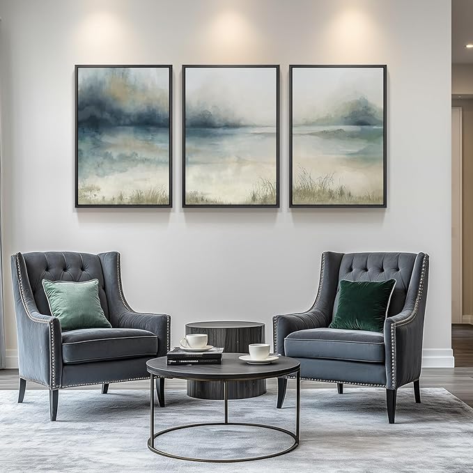 Large Framed Abstract Nature Landscape Wall Art for Living Room, 3 Piece Modern Canvas Prints Paintings Artwork for Walls, Blue Watercolor Lake Mountain Pictures for Hallway Office Wall Decor 24x36 In