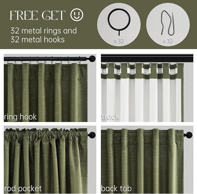 Topfinel Dark Green Curtains 86 Inches Long 2 Panels Set 100% Blackout Linen - Image 3