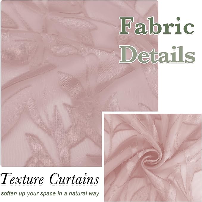 Lecloud Leia Blush Pink Sheer Curtains 36 Inch Length 2 Panels, Jacquard Leaf - Image 4