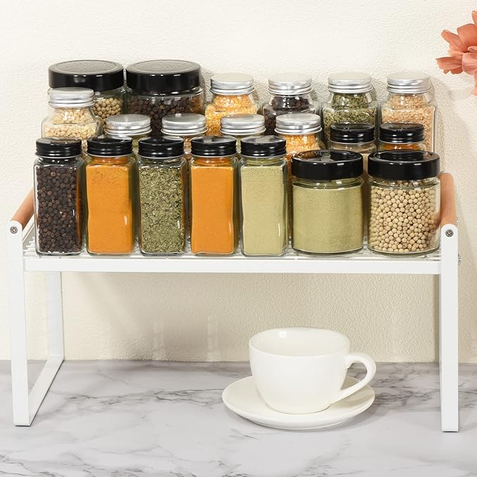 PATIKIL Kitchen Cabinet Shelf Organizer, Wood Counter Shelf Stackable Storage Shelf For Cupboard, Pantry, Corner, Under Sink - White