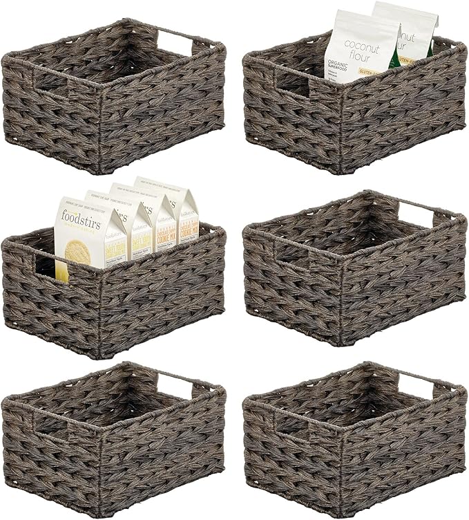 mDesign Woven Farmhouse Kitchen Pantry Food Storage Organizer Basket Box - Container Organization for Cabinets, Cupboards, Shelves, Countertops, Store Potatoes, Onions, Fruit, 6 Pack, Espresso Brown