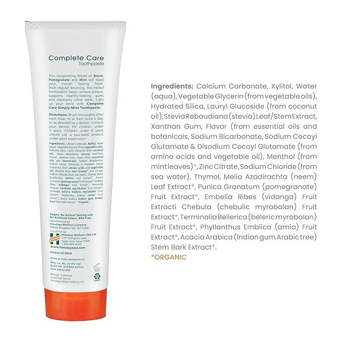 Himalaya Botanique Complete Care Toothpaste, Herbal, Mint Flavor, Fights Plaque, Freshens Breath, Fluoride Free, No Artificial Flavors, SLS Free, Cruelty Free, Foaming, 5.29 Oz, 4 Pack