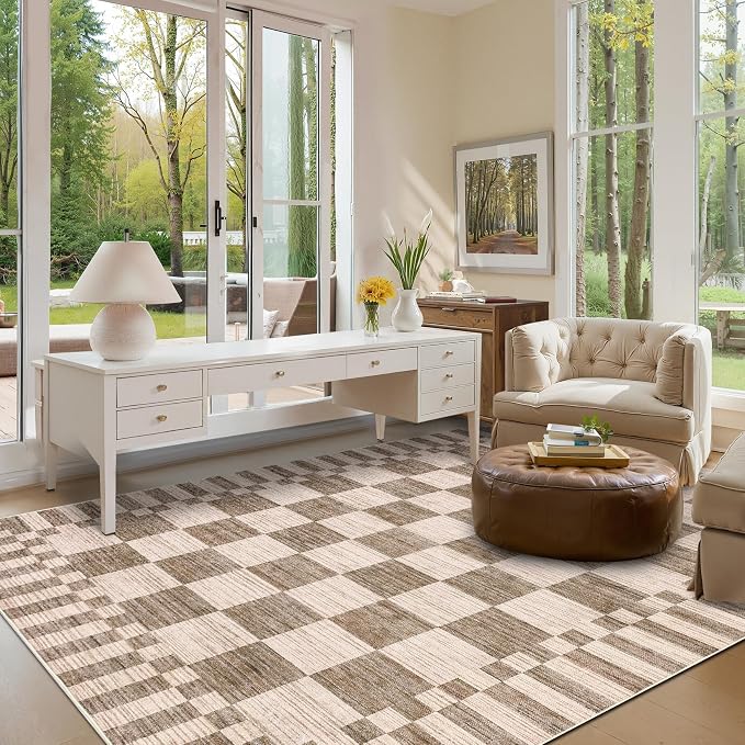 GarveeHome Brown Checkered Rug 6x9 Area Rugs Living Room Checkerboard Rug | - Image 3
