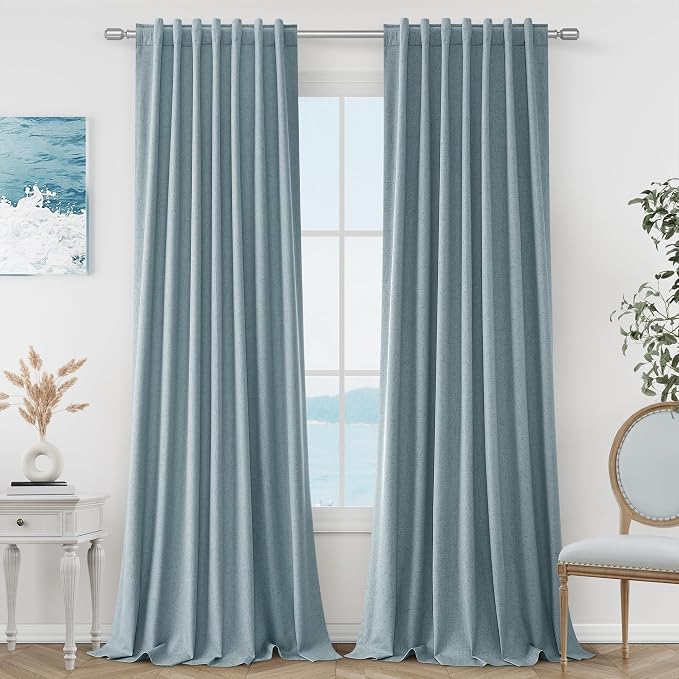 Blue 100% Blackout Linen Curtains 132 Inch Length 2 Panels Set by Guken