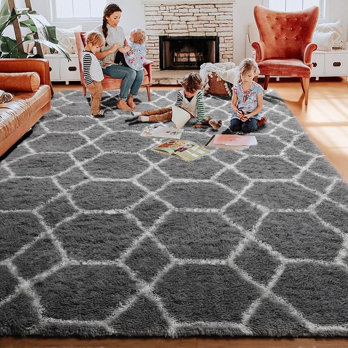 6x9 Area Rugs for Living Room Bedroom, Fluffy Grey and White Geometric Rug | - Image 7