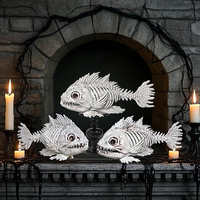 DR.DUDU 3 Pack Skeleton Fish Halloween Decor, Animals Skeleton Decorations Plastic Skull Fish Bones Figure Decor for Outdoor Indoor Bedroom Tank Party Props