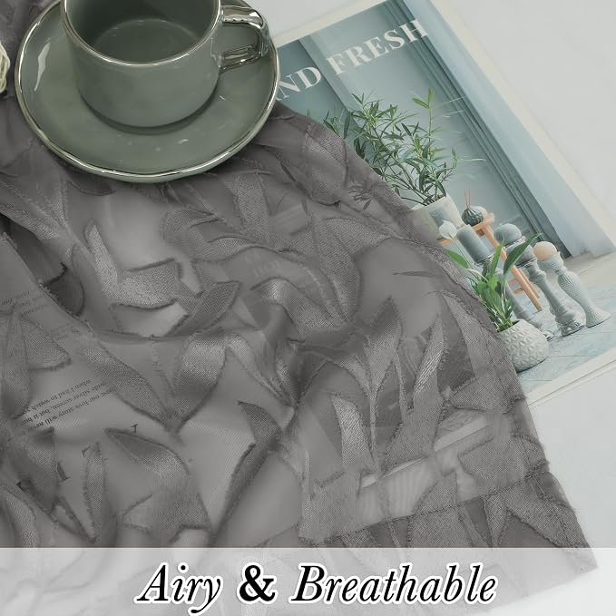 Lecloud Leia 36 Inch Charcoal Grey Sheer Curtains Tiers 2 Panels, Clip Textured - Image 8