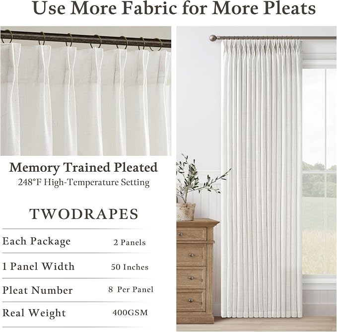 Beige White Memory Trained Pinch Pleated Semi Sheer Linen Curtains 84 Inch | - Image 4