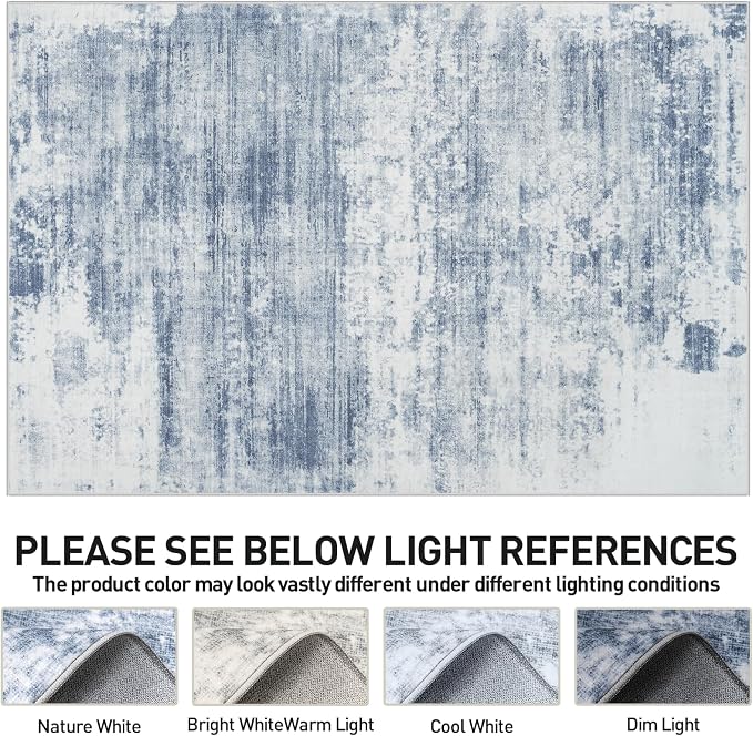 6x9 Area Rugs for Living Room: Washable Abstract Blue White Badroom Carpet | - Image 7