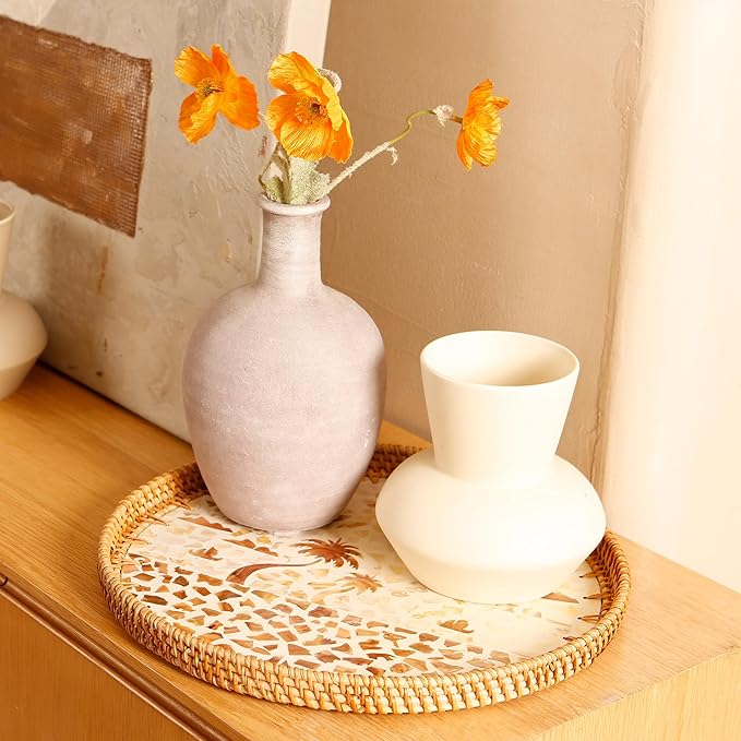 Round Rattan Tray with Mother of Pearl Inlay & Wooden Base - Decorative Wicker Serving Tray for Coffee/Bread/Fruits, Food Storage & Display - Multipurpose Home Decor (L,Island)