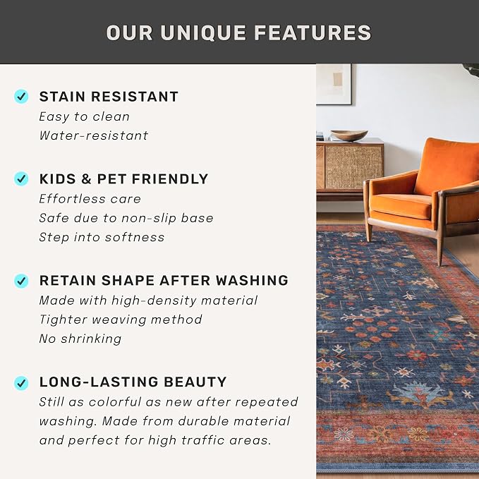 Navy Blue Washable Hallway Runner Rug 2x10 Non Slip Rugs - Image 7