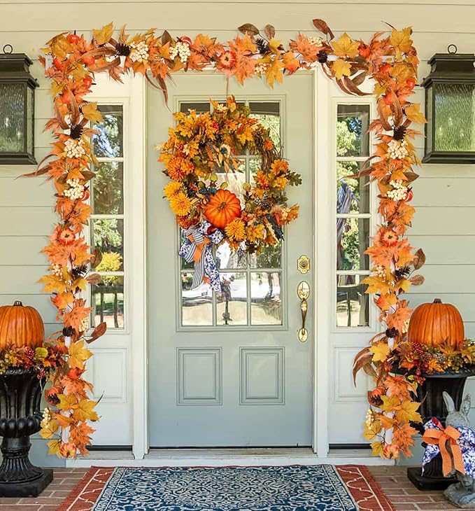 Lvydec Fall Maple Leaves Garland Decoration -6ft Artificial Fall Foliage Garland with White Pumpkins Pine Cone Autumn Decor for Halloween Thanksgiving Home Table Decor