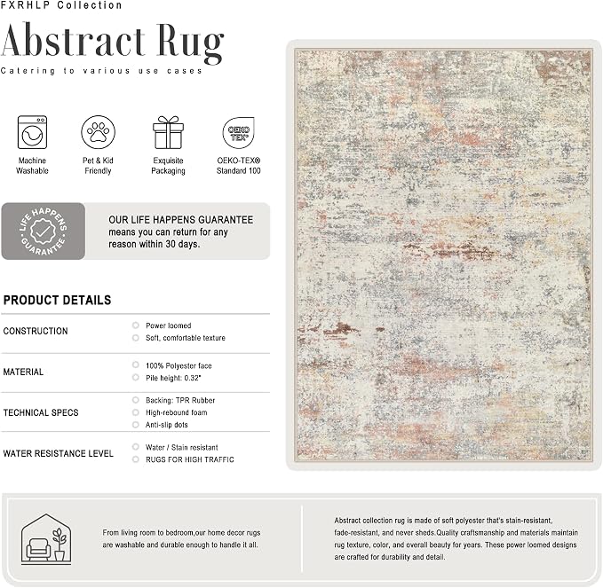 Area Rug Living Room: 5x5 Modern Washable Indoor Soft Carpet Taupe | - Image 3