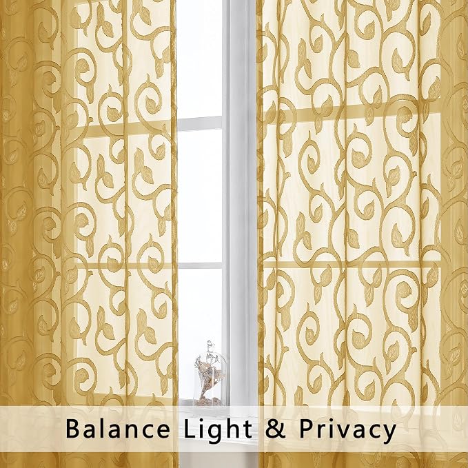 OWENIE Furman Gold Sheer Curtains 45 Inch Length 2 Panels Set - Image 3
