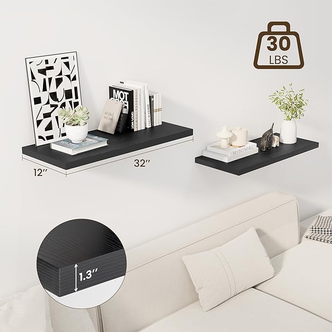 32" Floating Shelves for Wall, 12" Deep Slim Black Floating Shelves, Wall-Mounted Shelves for Bedroom, Living Room, Kitchen, Bathroom - Set of 2