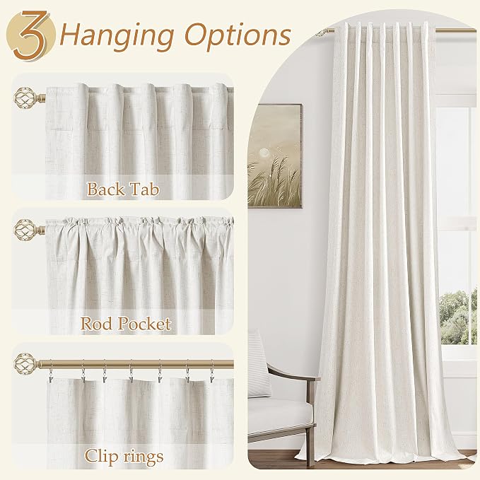 Beige White 100% Blackout Linen Curtains 72 Inch Length 2 Panels Set - Image 6