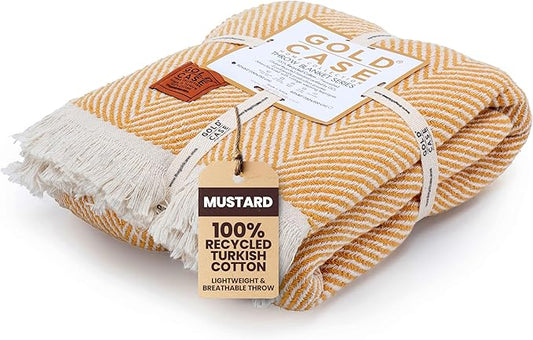 Gold Case Throw Blanket for Couch – 100% Recycled Turkish Cotton Blankets & Throws – Elegant Decorative Throw Blankets for Living Room Sofa – Woven Throws for Couch – Elegant Mustard – 60x80