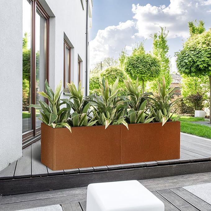 Corten Steel Corner Metal Planter Box Garden Steel Planter Pot for Patio Modern Farmhouse Rustic Design (L36 x W12 x D16, Rusted)