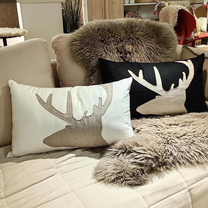 Lumbar Pillow Covers 12x20 Inches Deer Decorative Cotton Linen Deer Head Throw Lumbar Waist Embroidered Cushions Covers for Couch Sofa Bedroom White