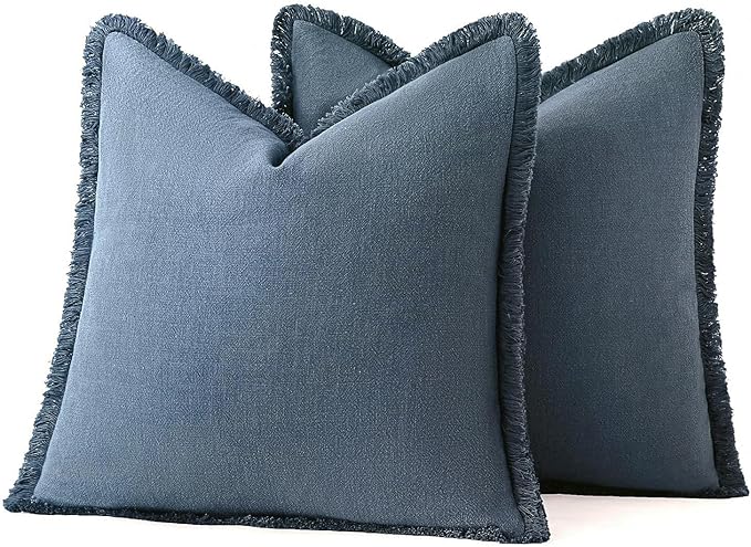 MIULEE Linen Fringe Decorative Euro Throw Pillow Covers Blue Ashes 22x22 | Set - Image 7