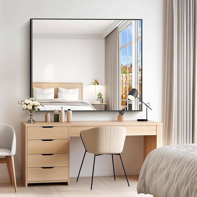 40x48inch Black Bathroom Mirror, Black Rectangle Mirror with Frame, Large Rectangular Wall Mirrors for Bathroom, Living Room, Hair Salon, Big Farmhouse Mirror Hang Horizontal/Vertical