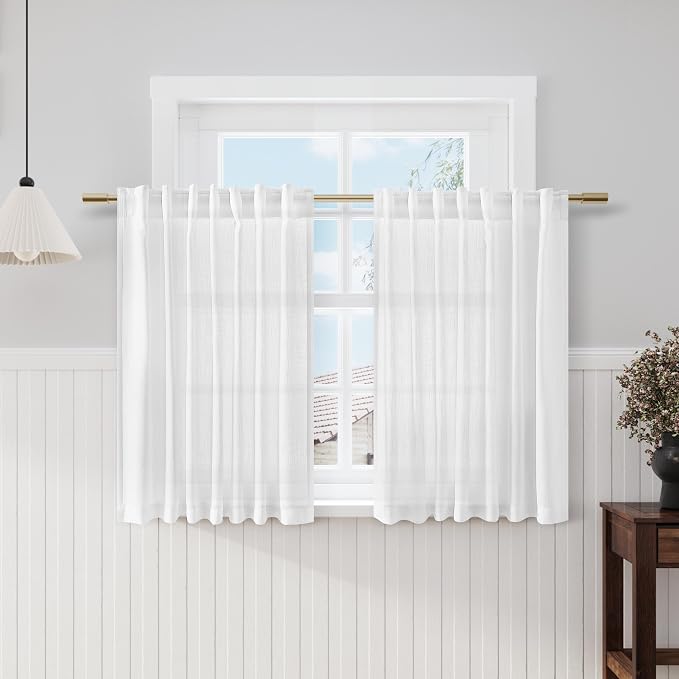 White Linen Curtains 47 Inch Length 2 Panels Set Light Filtering Back Tab Rod by Nanspring