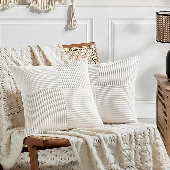 Fancy Homi 2 Packs Cream White Samll Decorative Throw Pillow Covers 14x14 Inch with for Couch Bed Sofa, Rustic Farmhouse Boho Home Decor, Soft Corss Patchwork Corduroy Square Cushion Case 35x35 cm