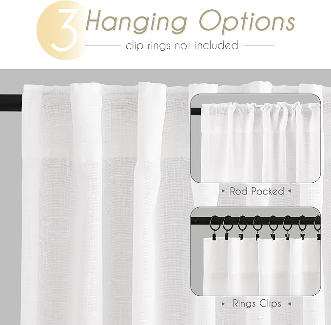 White Curtains 96 inches Long 2 Panels Back Tab Light Filtering Cotton Textured - Image 2