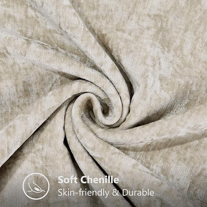 decorUhome Chenille Soft Throw Pillow Covers 24x24 Set of 2, Farmhouse Velvet Neutral Decorative Euro Pillow Covers with Stitched Edge for Couch Sofa Bed Home Decor, Beige