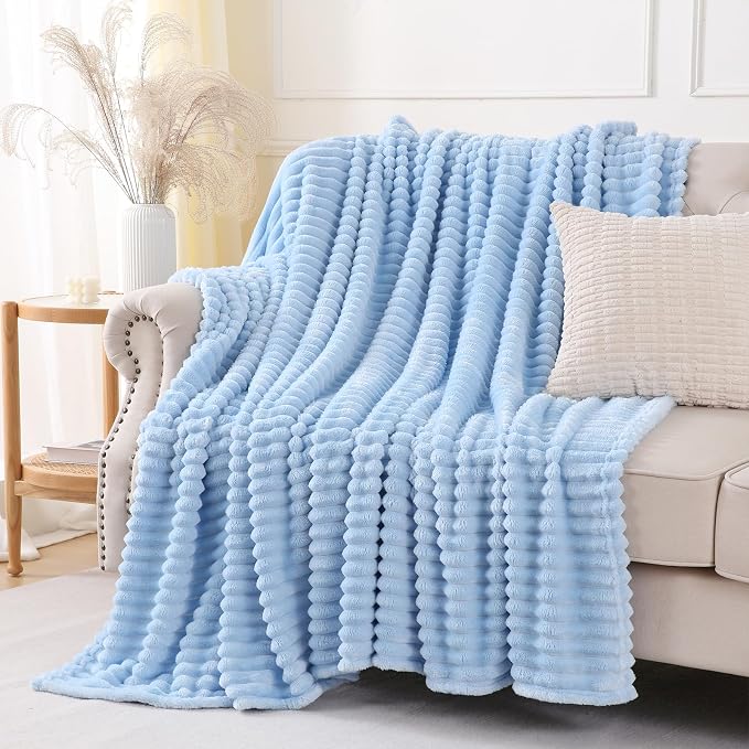 Light Blue Throw Blanket for Couch Sofa 60x80 inches Striped Design | Fleece - Image 4