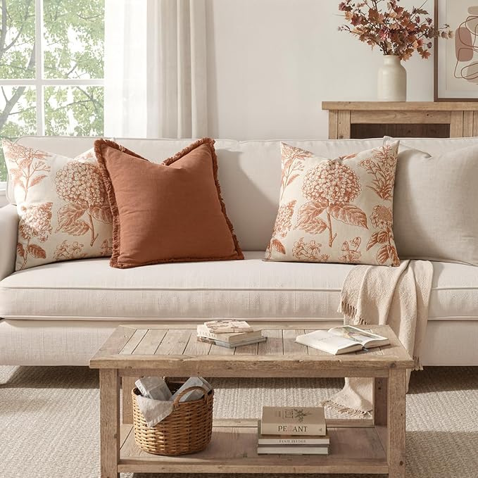 Set of 2 Decorative Floral Pillow Covers 18x18 Inch Autumn Orange | Neutral - Image 4