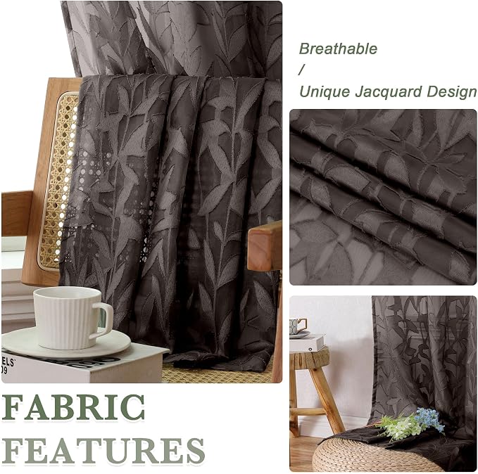Lecloud Leia Chocolate Brown Sheer Curtains 84 Inches Long 2 Panels, Jacquard - Image 6
