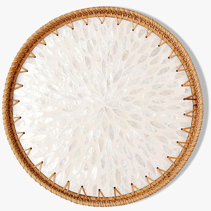 Round Rattan Tray with Mother of Pearl Inlay & Wooden Base - Decorative Wicker Serving Tray for Coffee/Bread/Fruits, Food Storage & Display - Multipurpose Home Decor (M,White Leaves)