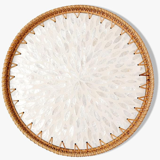 Round Rattan Tray with Mother of Pearl Inlay & Wooden Base - Decorative Wicker Serving Tray for Coffee/Bread/Fruits, Food Storage & Display - Multipurpose Home Decor (M,White Leaves)