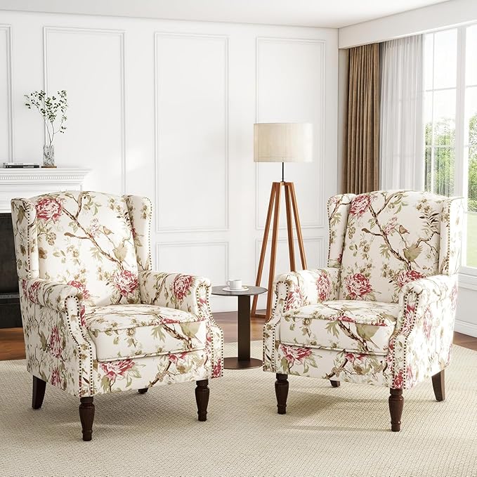 UIXE High Back Accent Chair, Wingback Upholstered Armchair in Fabric for Living Room, Retro Arm Chairs Nailhead Trim Single Sofa Bedroom Reading Seat with Solid Wood Legs - Beige Floral