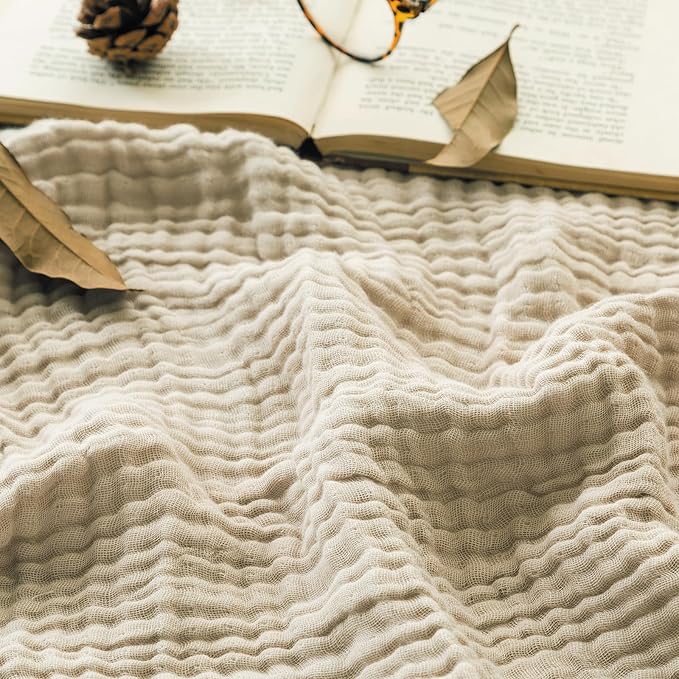 EMME Cotton Throw Blanket Large 50"x70" Gifts for Women 100% Muslin for Couch Breathable Gauze All Season Soft and Lightweight Pre-Washed (Light Tan)