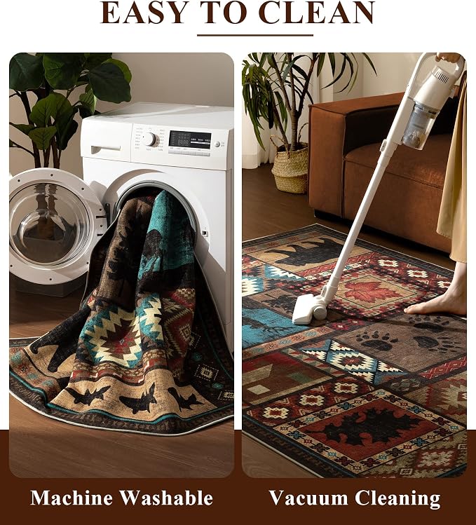 Rustic Cabin Area Rug 4x6, Machine Washable Lodge Bear Rug, Non-Slip Low Pile - Image 5