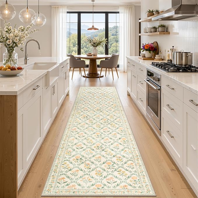 PLHXFR 2.6x10 Washable Runner Rug：Floral Indoor Kitchen Carpet Beige Multi | by PLHXFRSoftAreaRugs