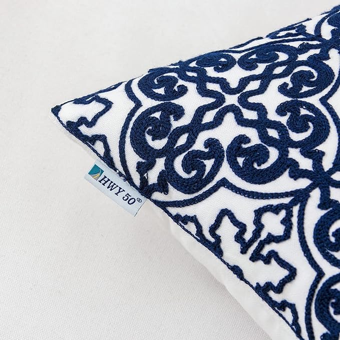 HWY 50 Navy Blue Decorative Throw Pillow Covers 18x18 Inch, Pack of 2 Embroidered Cotton Farmhouse Cushion Cover Pillow Case for Sofa Couch Living Room Bed Bedroon, Modern Pattern