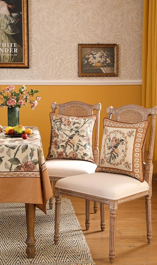 patdrea Designer Vintage Floral Throw Pillow Covers for Couch Set of 4,Brown Yellow Linen Pillowcases with Bird and Rose Pattern Decorative Cushion Cover for Bedroom Living Room Outdoor Car Cafe
