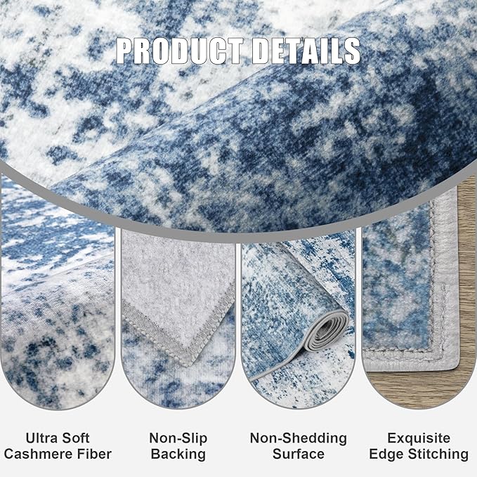 Round Area Rug Living Room: 5 ft Modern Washable Carpet Blue | - Image 5