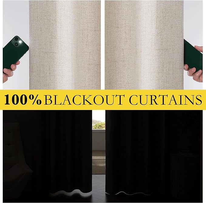 NICETOWN Oatmeal Linen 100% Blackout Curtains 120 inches Length 2 Panels Set - Image 2