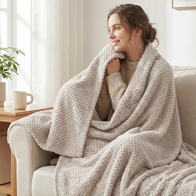 Exclusivo Mezcla Soft Waffle Fleece Bed Blanket Queen Size, Tan | Lightweight - Image 2