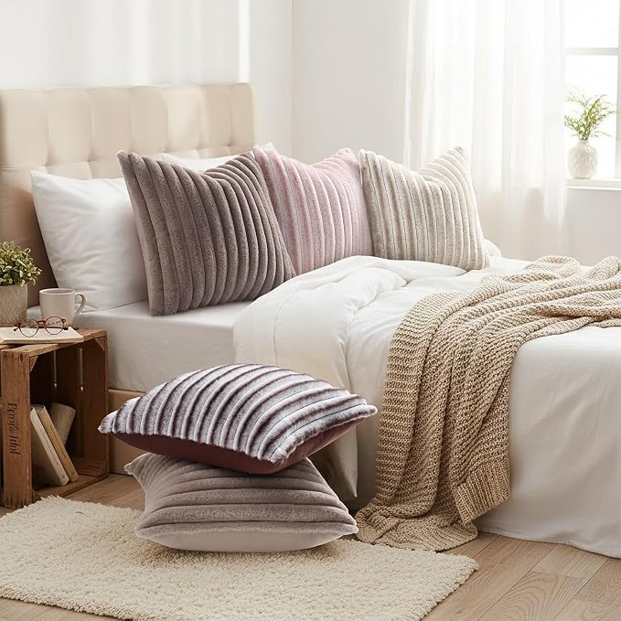 decorUhome Fall Faux Fur Throw Pillow Covers 16x16 Set of 2 Light Coffee | - Image 6
