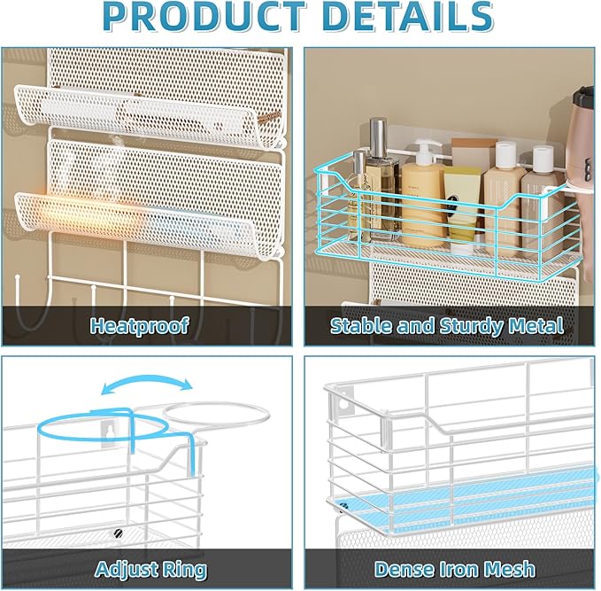 VITVITI Metal Hair Tool Organizer Wall Mount, Hair Dryer Holder with 3 Tier Shelf Basket Hooks, Bathroom Hair Styling Tool Organizer for Curling Iron/Blow Dryer/Straightener, White