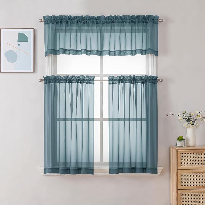 Chyhomenyc Sheer Stone Blue Tier Curtains 24 Inch Length, Small Window Curtains - Image 2