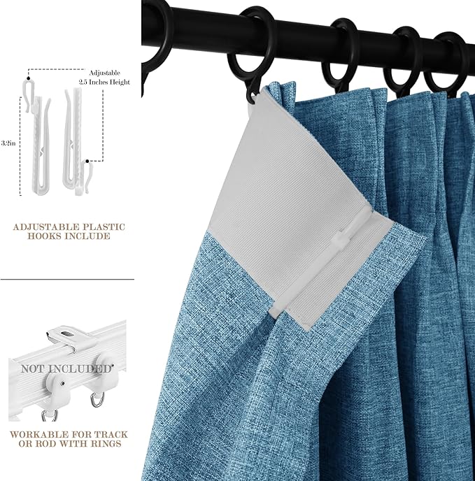 Extra Wide 100% Blackout Linen Textured Curtains - Room Dividers, W150 x L108 (1 Panel), Pinch Pleat Drapes for Living Room, Full Light Block Out Drapery for Sliding Door, Blue