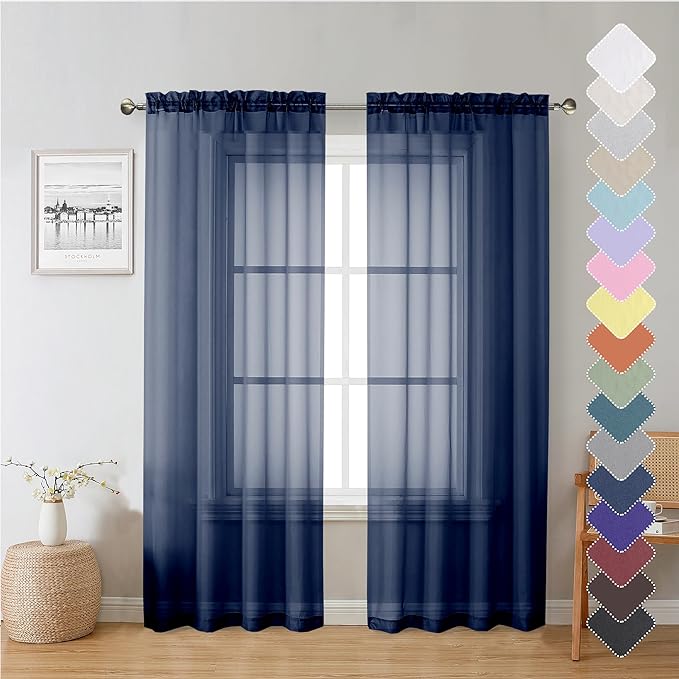 Lecloud Navy Blue Sheer Curtains 72 Inches Long 2 Panels, Light Filtering by Lecloud