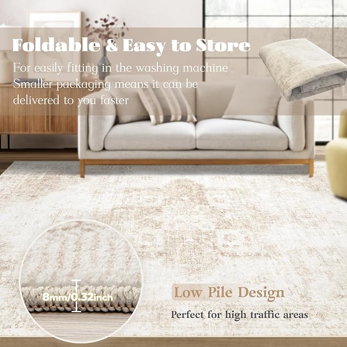 Area Rug 10x12 Washable Rug, Vintage Boho Medallion Rugs Non-Slip Soft Low Pile - Image 7