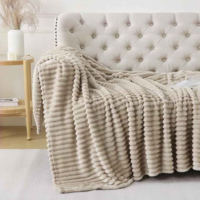 Khaki Throw Blanket for Couch Sofa 108x90 inches Striped Design | Fleece - Image 5